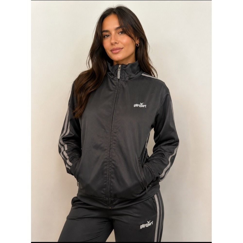 GSP Sportswear Tech Black Gray Stripes Full Zip Jacket Women's Size‎ L Fits Med